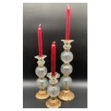 3 Vintage glass and brass candlestick holders