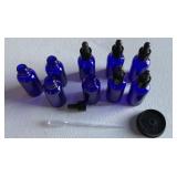 9 cobalt blue glass dropper bottles, 6 have 1/mL