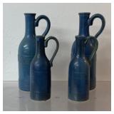 4 blue glazed vases with handles, tallest is 9.5