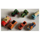 7 toy cars, SpongeBob, John Deere, tractors,