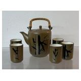 Vintage Japanese Pottery teapot and cups, bamboo