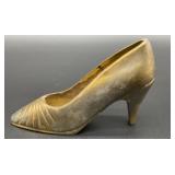 Vintage solid brass high-heeled shoe, India,