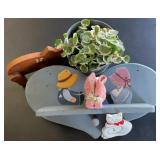 Vintage wooden laying down cat, Pink wash cloth