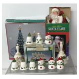 Christmas items, bells, nativity scene, snow tree