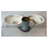 Vintage bowls, blue glazed stoneware mug with