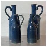 4 ceramic blue glazed vases with handles, tallest