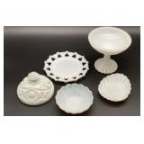 5 vintage milk glass items set, butter dish with