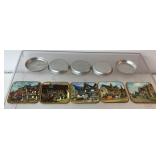 Vintage coasters, 5 embossed aluminum coasters,