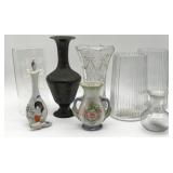 Glass and porcelain items, decanter, vases,