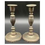 2 Vintage metal candle holders with a blue velvet