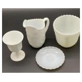 4 vintage white glass pieces, creamer, sugar