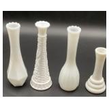 4 vintage milk glass bud vases, 3 x 3 x 9 in,