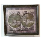 Metal world map art with 3 dimensional globes,