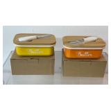 2 Metal butter dishes with wood top and knife,