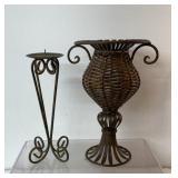 Vintage wicker and wrought iron vase stand metal