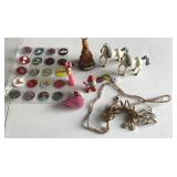 Toys and trinkets, cowrie shell necklace, pins