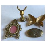 4 brass decorative items, mouse figurine, ornate