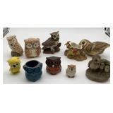 9 owl themed figurines, vintage porcelain bisque