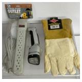 Power Strip 8 Outlets, Husky flashlight, Gloves