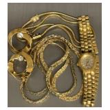 Vintage gold tone 2 necklaces, pair of earrings,