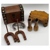 Wooden items, wooden horseshoe game, wooden vases