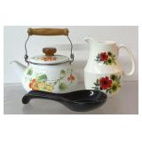 Vintage kitchen items, enamel tea kettle with