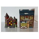 Vintage ceramic Christmas villages, one with