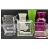 Glass vases, square, pink glass, green, tallest