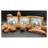 Vintage decor set with 10  hand-carved wooden