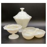 Vintage milk glass pieces, candy dish with lid is