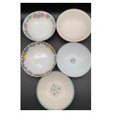 5 porcelain bowls, floral patterns, Cunningham