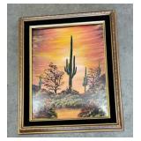 Vintage sunset desert cactus landscape oil