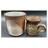 Signed pottery cups. Multi tone brown and beige