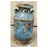 Vintage blue painted metal milk can, 13.5 x 13.5