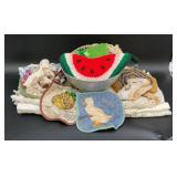 Vintage table runners, pot holders, metal