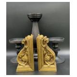 Vintage ornate gold toned book ends, candle