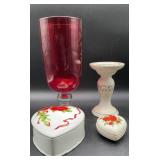 Vintage ruby red art glass vase, Stonebriar white
