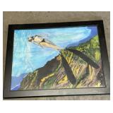 Artist signed framed art, swimming in the ocean,