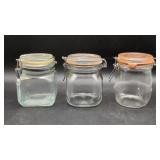 3 Clear glass jars with hinged metal bail lids,