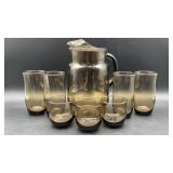 Vintage Mid Century Modern Smoky Pitcher and 7