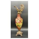 Victorian Mantel Ewer, Hand Painted Art Glass