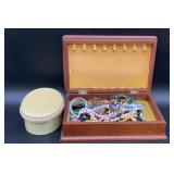 Vintage wooden jewelry box with costume jewelry,