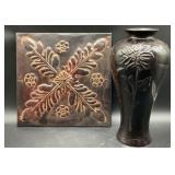 Ceramic vase floral relief design 14.5 in,