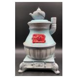 Vintage ceramic pot belly stove cookie jar, 8 x 8