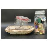 Vintage Mason jar with sewing items, hinged