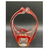 Vintage Murano red style glass basket, 7 inches