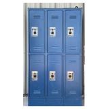 Blue metal lockers with 6 wide storage units. Do