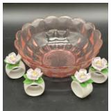 Vintage pink pressed glass bowl 3in tall x 7.5in