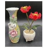 Vintage pastel ceramic 7in tall vase with applied