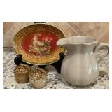 Ceramic Rooster Plate, Acorn Shakers & Grey